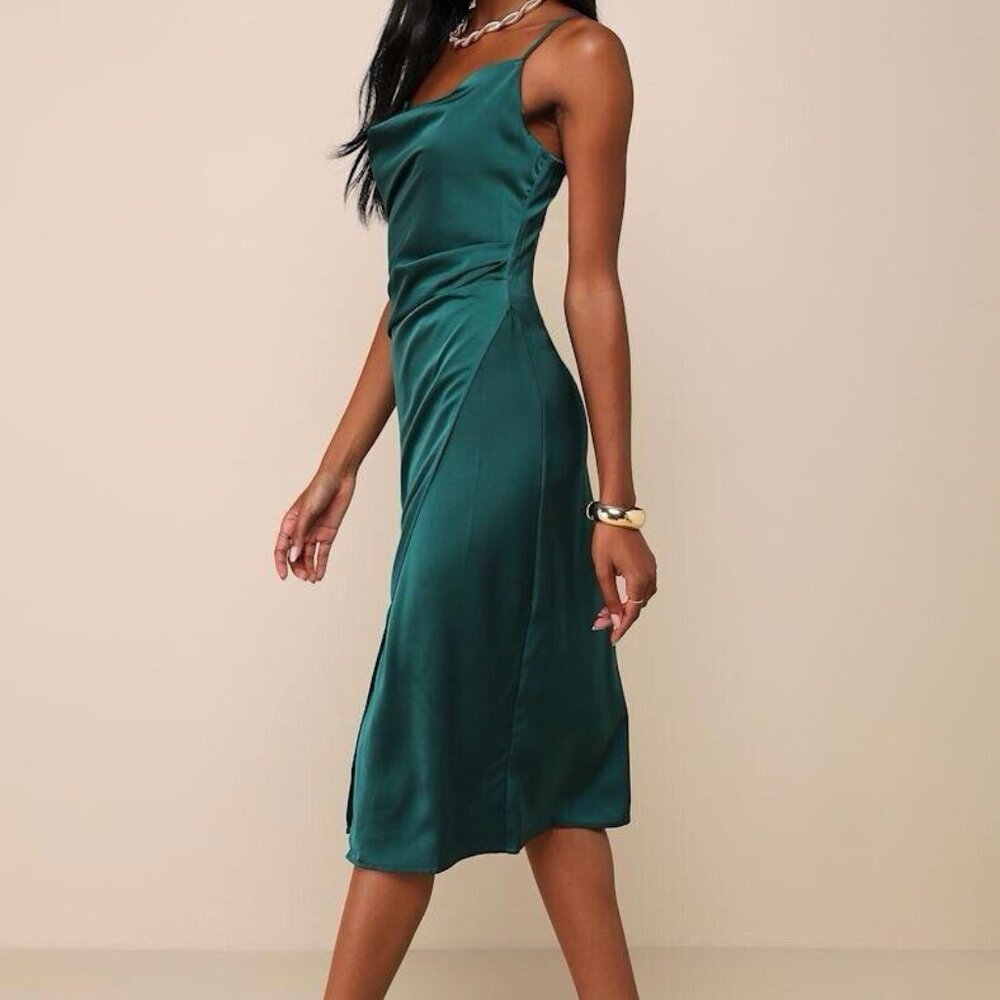 Lulus Women's Medium Hollywood Forest Green Satin Midi Dress Formal Wedding